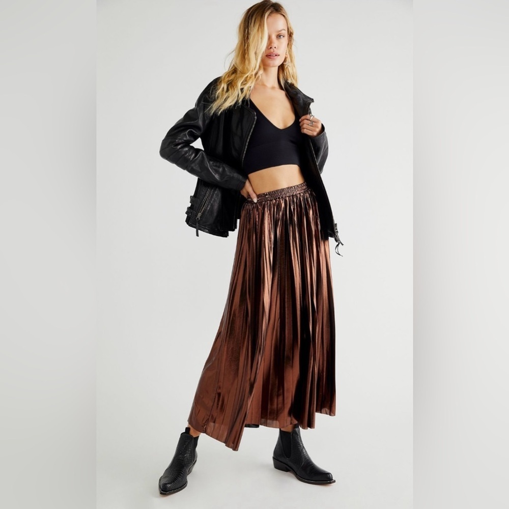 Free People En Saison Pleated Metallic Midi Skirt — Brown, NWT, Size L